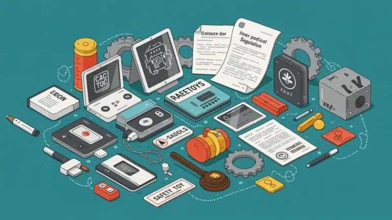 Illustration of consumer products with safety labels and legal documents representing new federal product safety regulations in 2025.