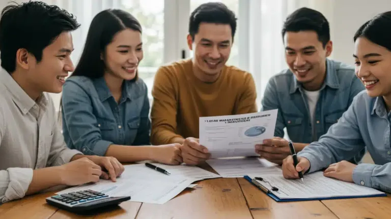 Family reviewing tax documents on a laptop, smiling, symbolizing maximized tax refunds for 2025.