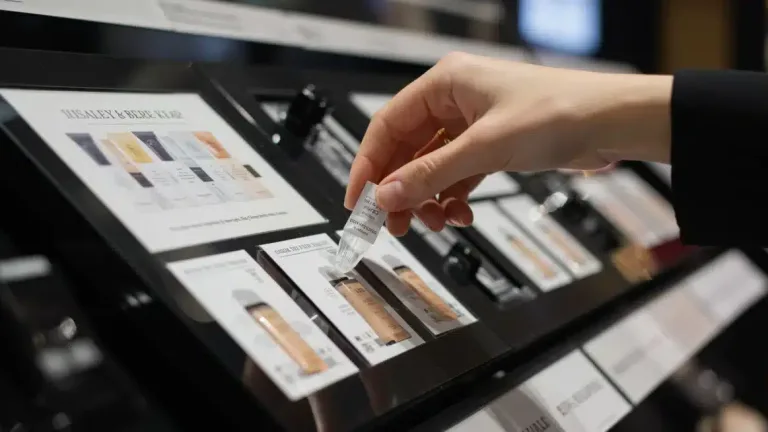 Hand reaching for a beauty product sample on a display stand.