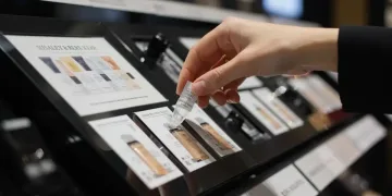 Hand reaching for a beauty product sample on a display stand.