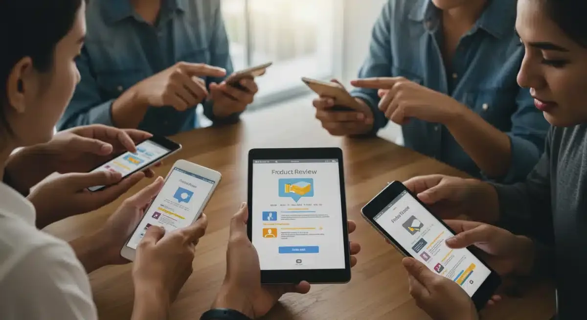 Consumers browsing product reviews on mobile devices, emphasizing the importance of authentic feedback.