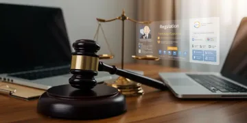 Gavel on desk with legal documents and laptop showing online reviews, symbolizing new FTC regulations.