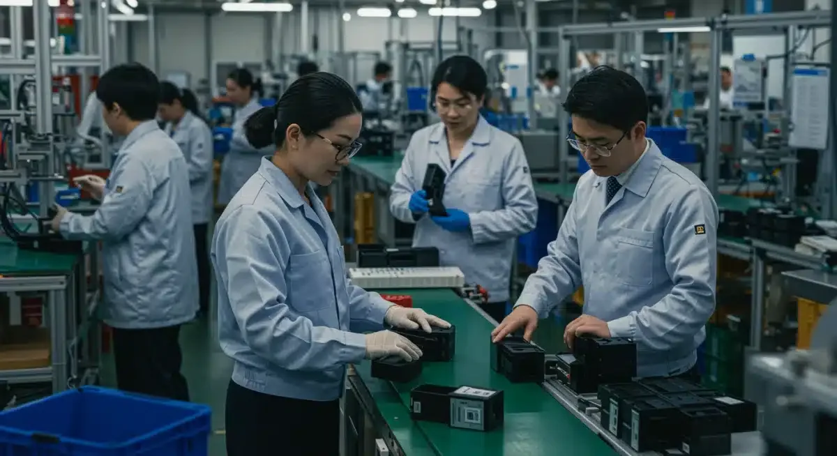 Factory workers performing quality control checks on products