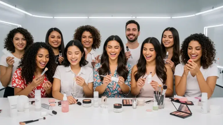 Diverse individuals testing premium beauty products in a modern lab setting, showcasing various skincare and makeup items.