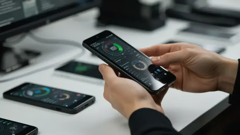Person reviewing a new tech gadget, highlighting the detailed focus of product testing.