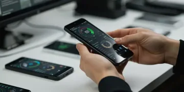 Person reviewing a new tech gadget, highlighting the detailed focus of product testing.