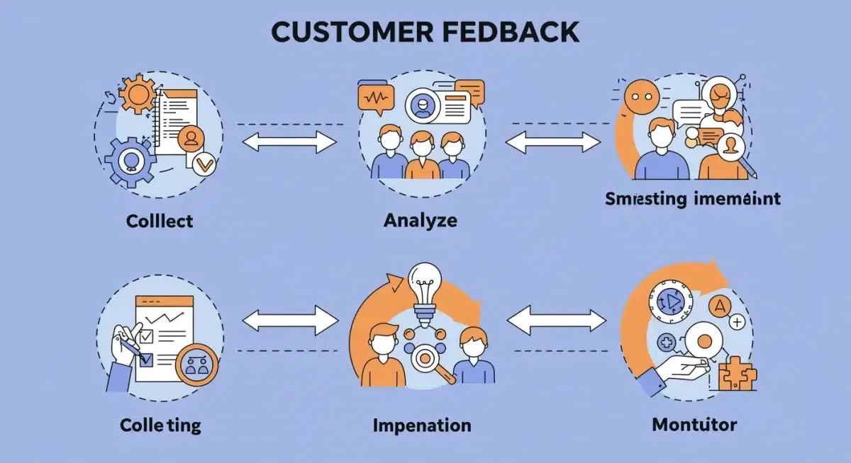 Infographic illustrating the streamlined process of customer feedback collection, analysis, and implementation.