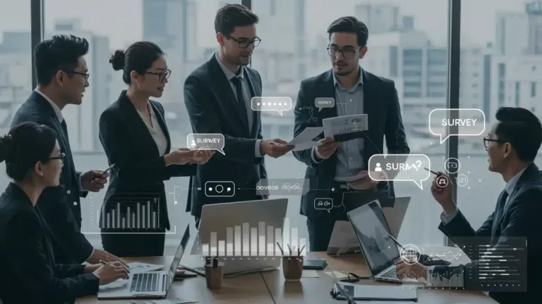 Professionals analyzing customer feedback data on a screen, symbolizing strategic product enhancement.