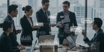Professionals analyzing customer feedback data on a screen, symbolizing strategic product enhancement.