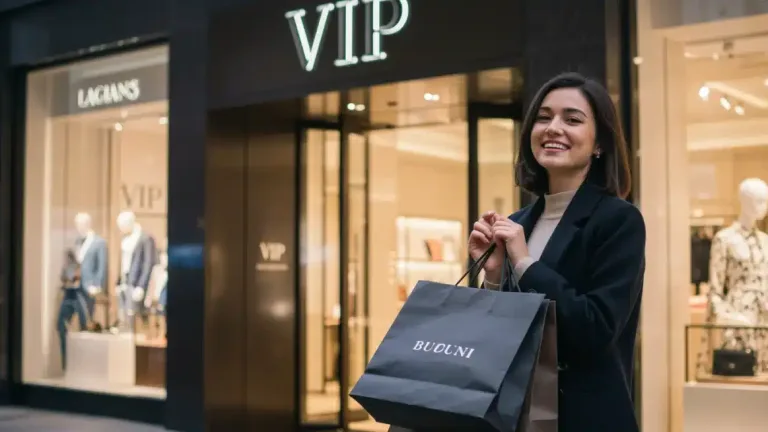 Woman with luxury shopping bag, embodying VIP retail experience.