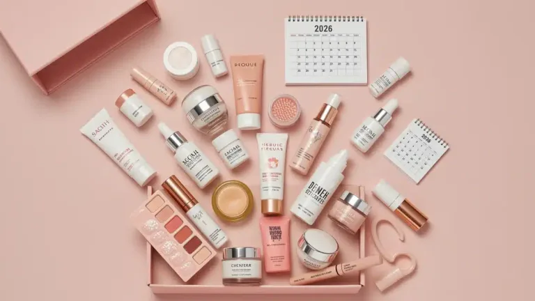 Open beauty box overflowing with diverse skincare, makeup, and haircare products, hinting at 2026 free beauty box opportunities.