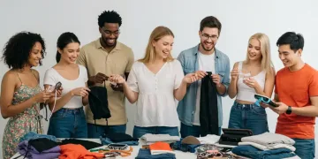 Diverse group testing new apparel and accessories in a bright studio