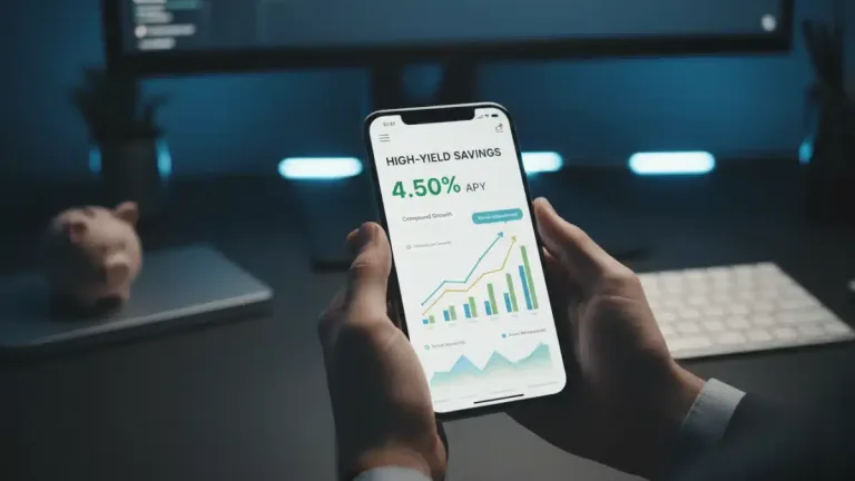 Hands holding smartphone displaying high-yield savings account rates