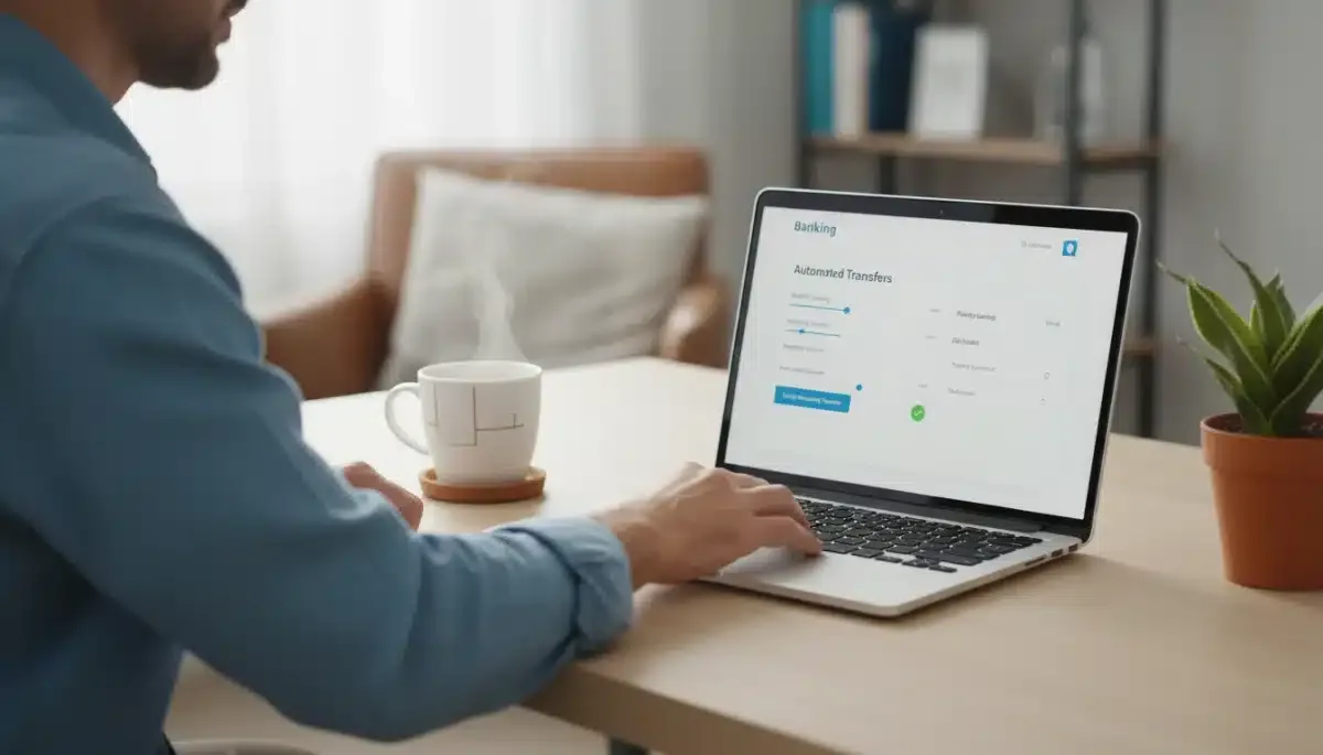 Person setting up automated savings transfers on a laptop, demonstrating financial automation.