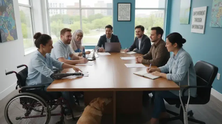 Diverse group reviewing disability benefit application forms.