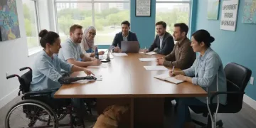 Diverse group reviewing disability benefit application forms.