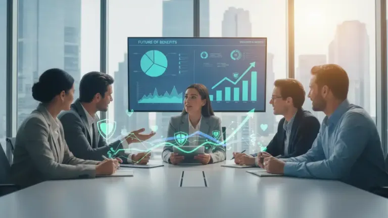 Professionals discussing future employer benefits trends for 2026