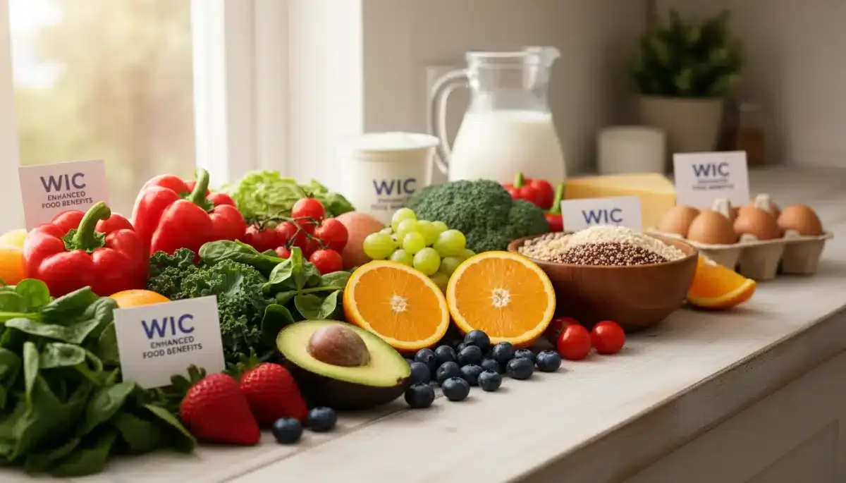 Assortment of fresh fruits, vegetables, and whole grains representing WIC food benefits