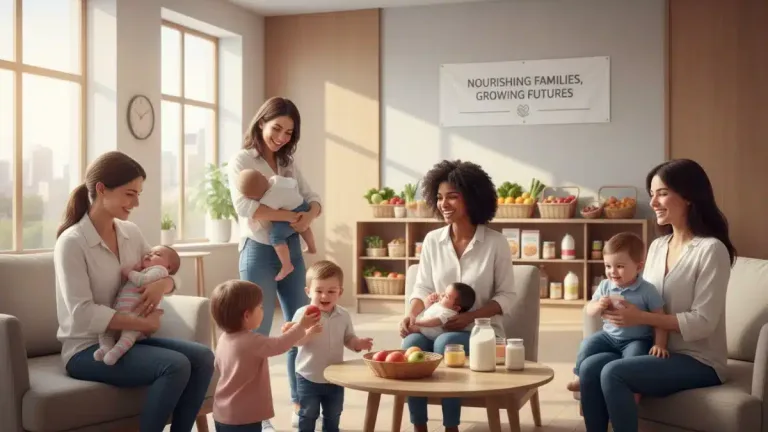 Diverse mothers, infants, and children smiling, receiving WIC food benefits