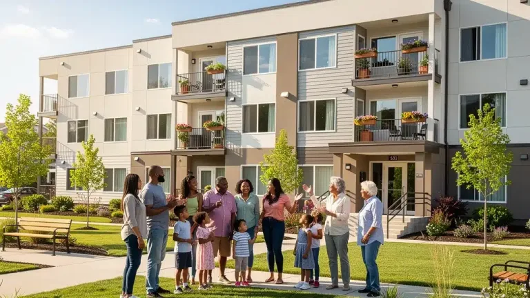 Diverse community stands before modern affordable housing, symbolizing Federal Housing Assistance.