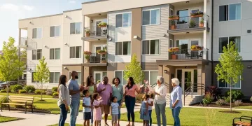 Diverse community stands before modern affordable housing, symbolizing Federal Housing Assistance.