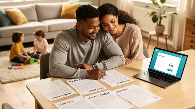 Family smiling, reviewing documents about child care assistance programs 2026
