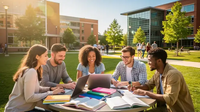 College students studying on campus, representing financial aid success