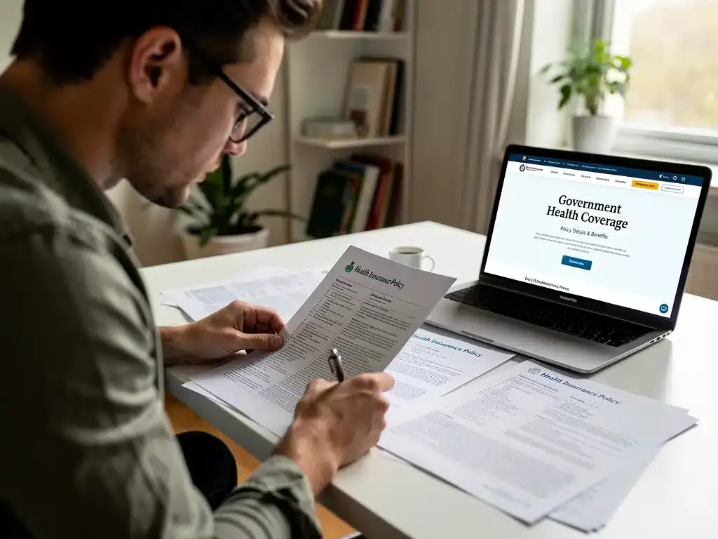 Person carefully reviewing health insurance policy documents and government healthcare information.