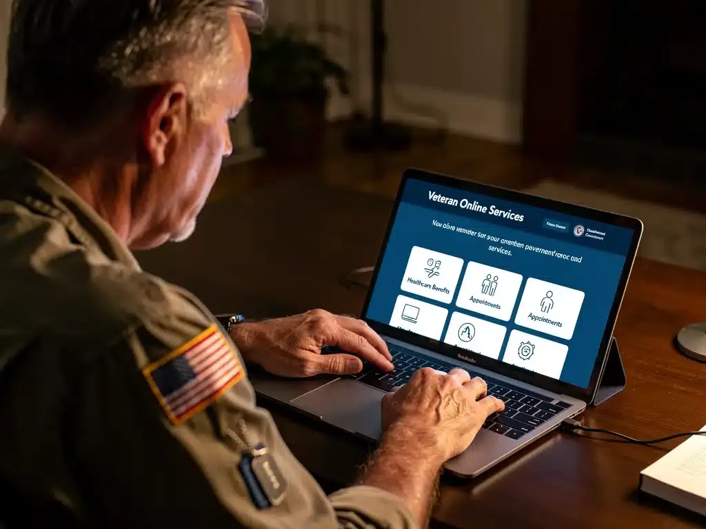 Veteran accessing digital healthcare benefits information.