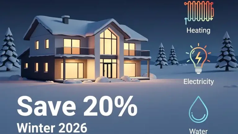 Modern home with snow, glowing with energy efficiency, illustrating New Home Energy Assistance Programs for 2026.