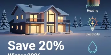 Modern home with snow, glowing with energy efficiency, illustrating New Home Energy Assistance Programs for 2026.