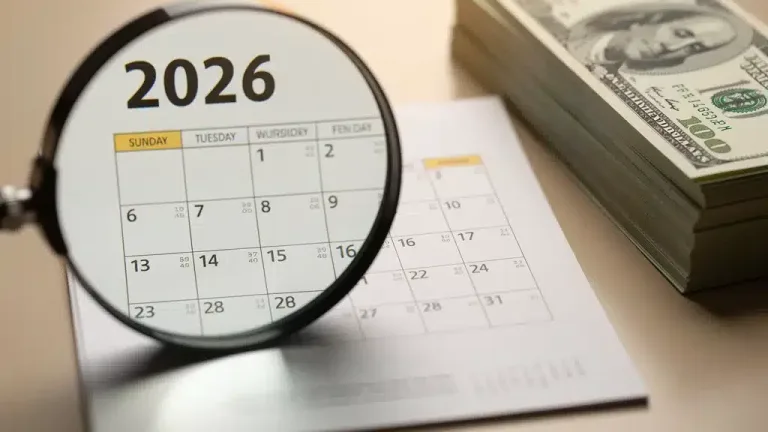 Calendar page 2026 with magnifying glass over cash, representing future Social Security COLA increase