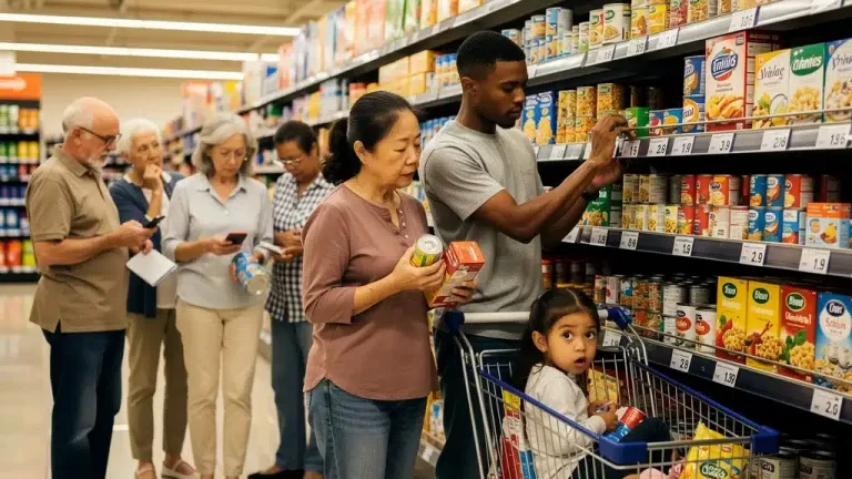Shoppers react to price adjustments in a supermarket aisle.