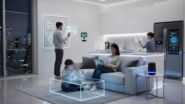 Futuristic smart home interior with integrated new tech gadgets