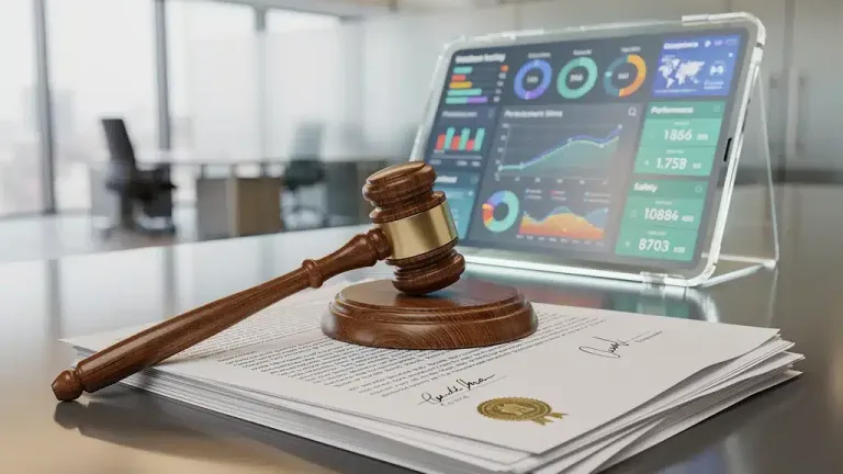 Gavel on legal documents with digital product testing interface, symbolizing new federal legislation.