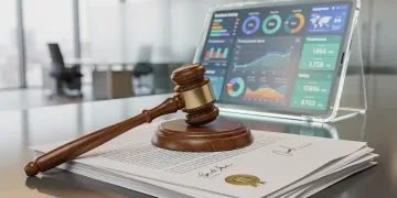 Gavel on legal documents with digital product testing interface, symbolizing new federal legislation.