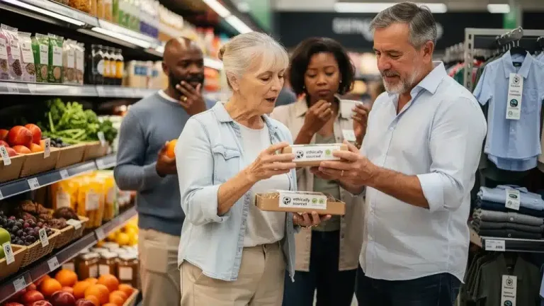 US consumers prioritizing ethical sourcing in a supermarket aisle