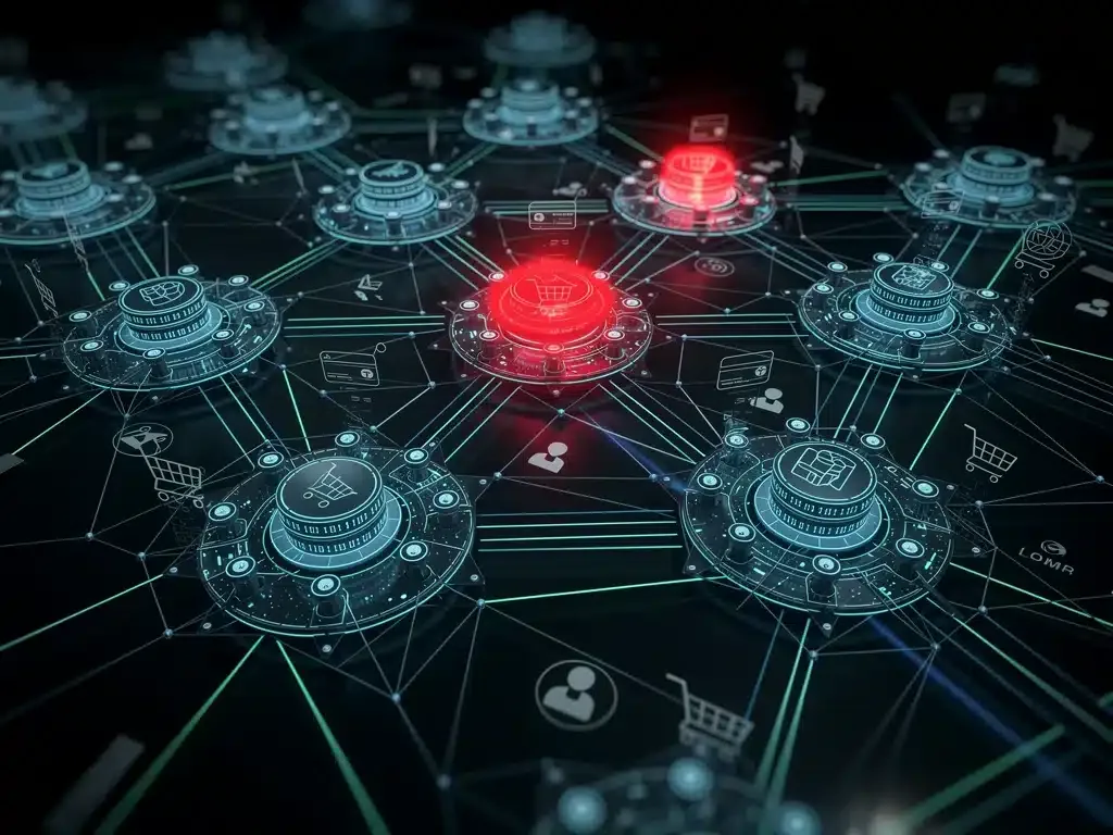 Complex data network showing cybersecurity vulnerabilities in online shopping