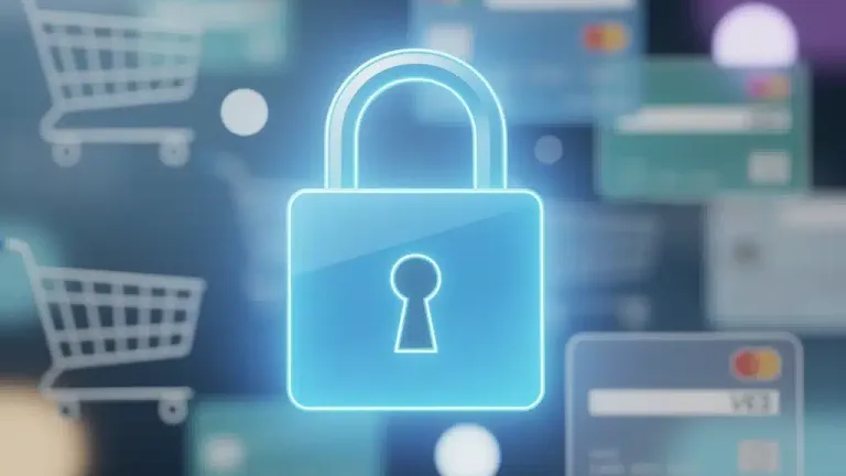Digital padlock protecting online shopping carts from cyber threats in 2026