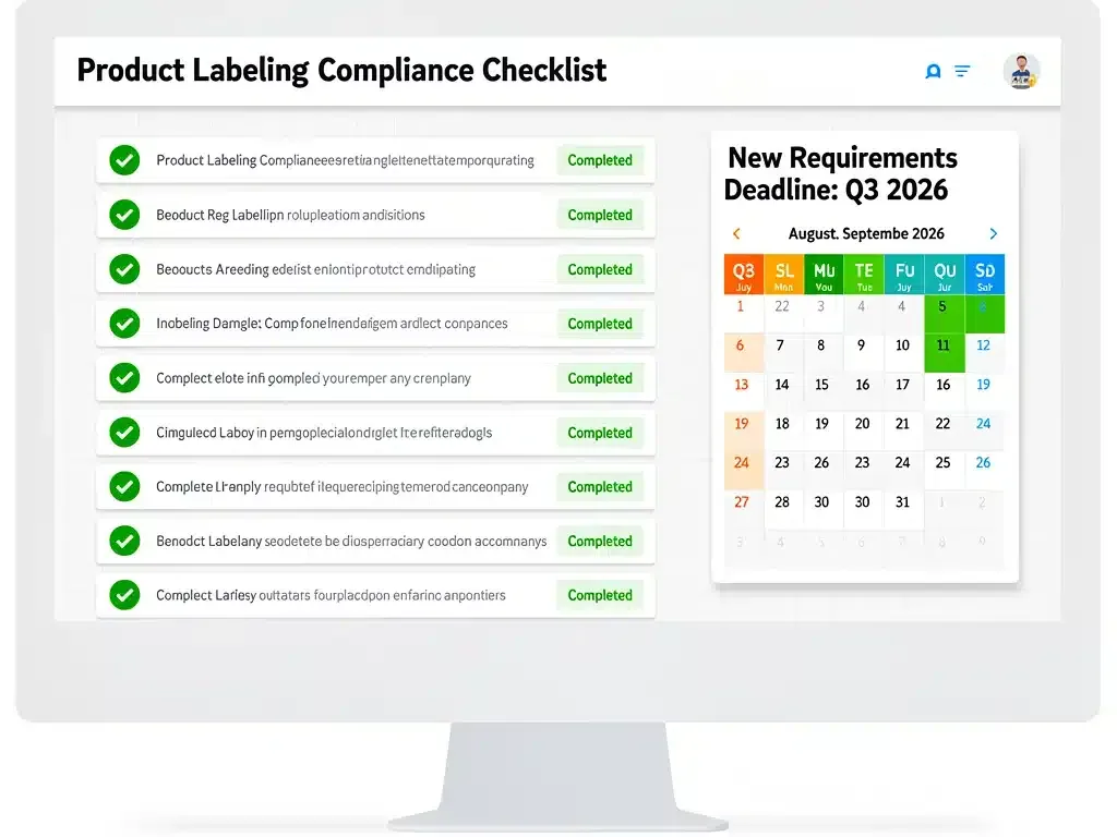Digital checklist for product labeling compliance with Q3 2026 deadline.