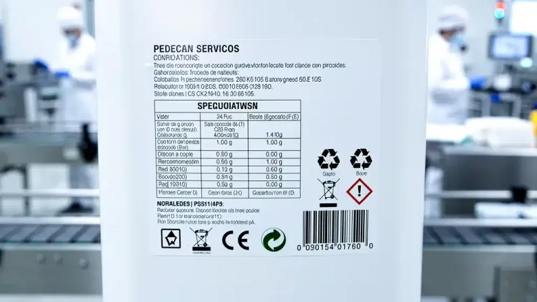Detailed product label with regulatory symbols, signifying upcoming changes in product labeling requirements.