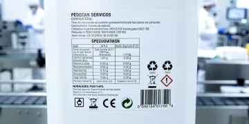 Detailed product label with regulatory symbols, signifying upcoming changes in product labeling requirements.
