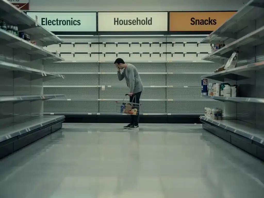 Empty supermarket shelves reflecting product scarcity due to supply chain disruptions.