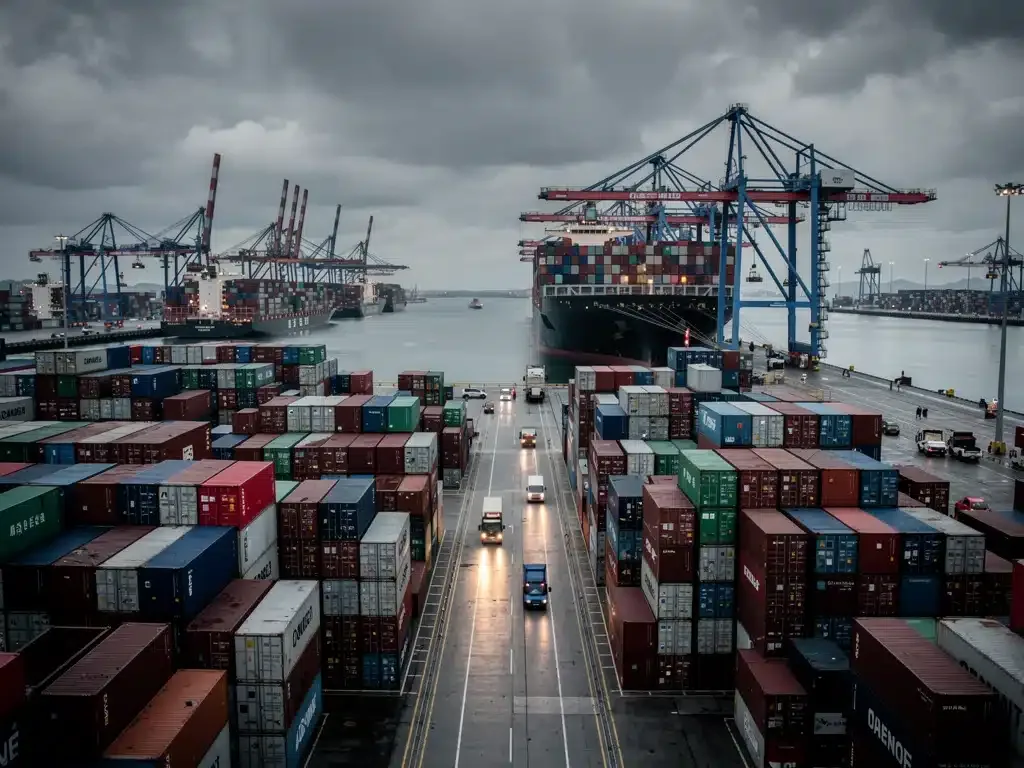 Congested shipping port with piled-up containers, illustrating logistics bottlenecks in the supply chain.