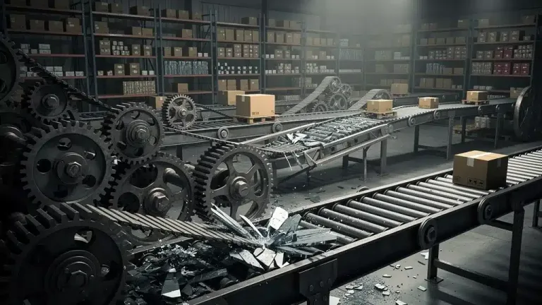 Global supply chain network with broken gears, symbolizing disruptions and their economic impact on product availability.