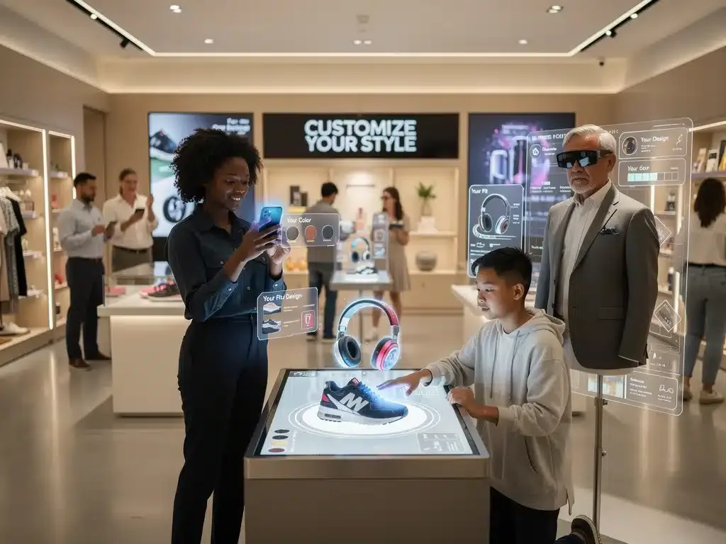 Consumers customizing products using augmented reality, illustrating hyper-personalization and digital integration.