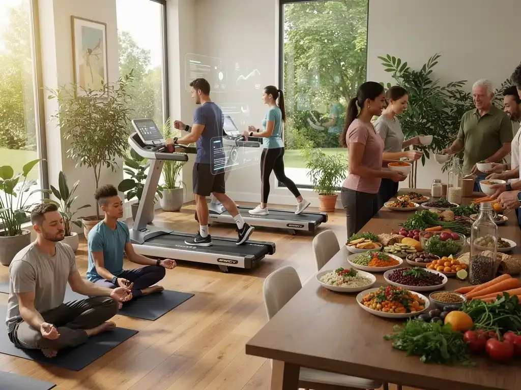 Individuals engaged in wellness activities and consuming sustainable products, reflecting the holistic wellness trend.