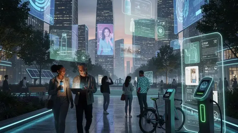 Futuristic cityscape with digital interfaces and diverse consumers interacting with innovative products, symbolizing future consumer trends.
