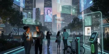 Futuristic cityscape with digital interfaces and diverse consumers interacting with innovative products, symbolizing future consumer trends.
