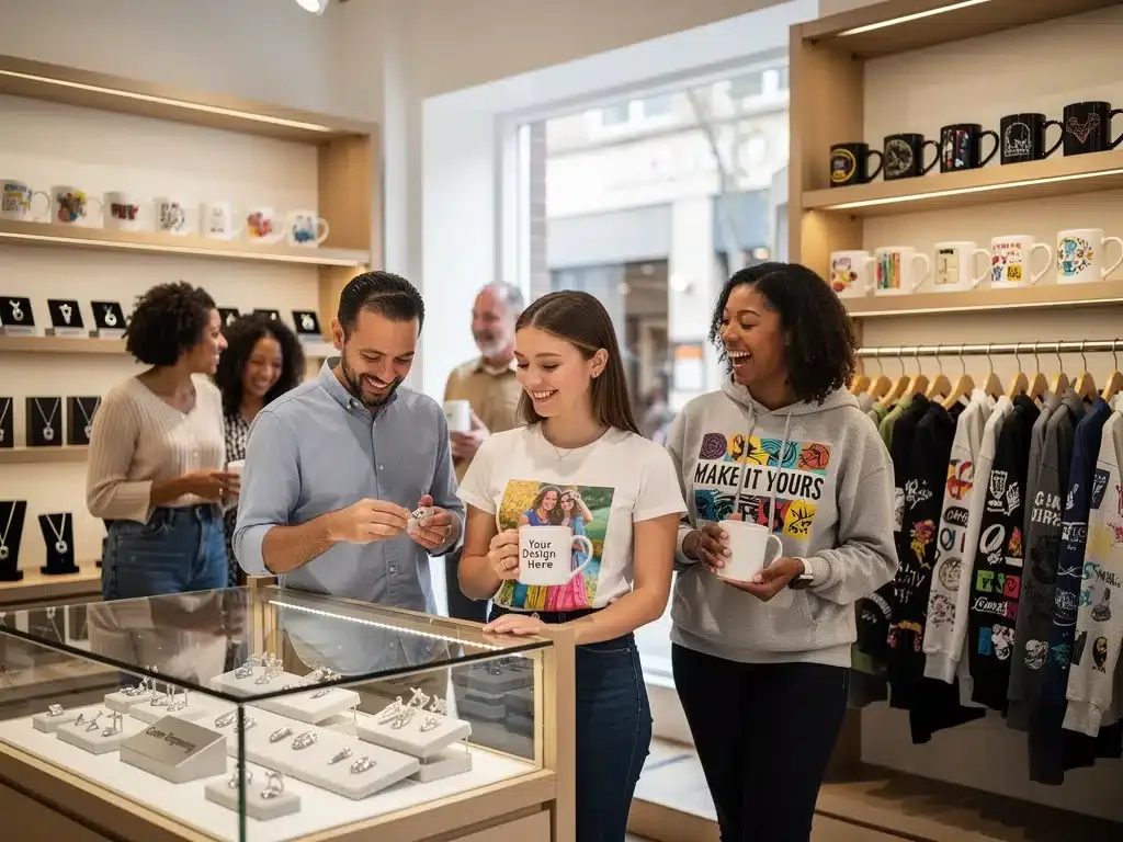 Consumers engaging with custom and personalized products in a retail setting